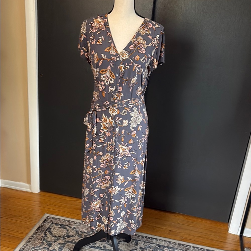 LOFT Gray Pink Sheath Midi Dress V-Neck Short Sleeve